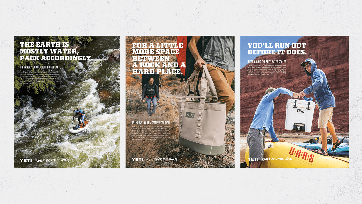 Three images of print ads showing people having adventures in the outdoors with YETI coolers