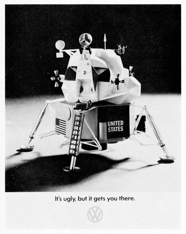 A black and white print ad shows the Rover landing on the moon with the words It's Ugly, But It Gets You There and a VW logo